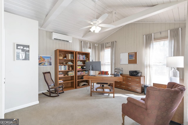 carpeted office featuring vaulted ceiling with beams, a wall mounted AC, plenty of natural light, and a ceiling fan