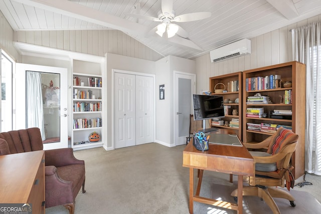 office with vaulted ceiling with beams, a wall mounted air conditioner, carpet flooring, and a ceiling fan