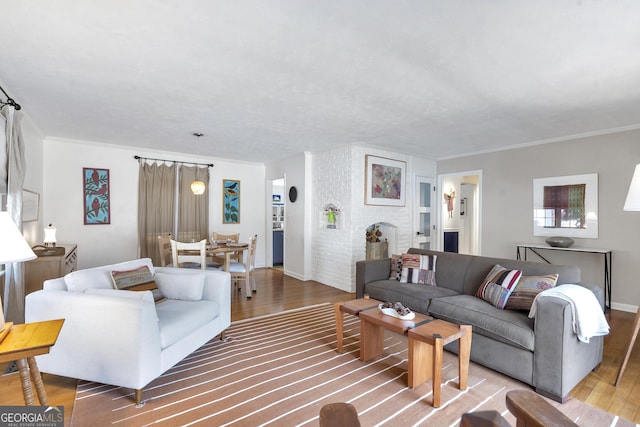 living area featuring baseboards, ornamental molding, and wood finished floors