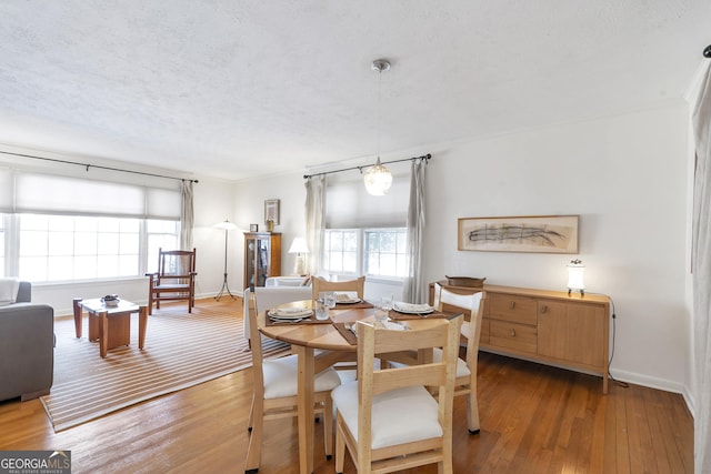 dining space featuring a textured ceiling, a wealth of natural light, and hardwood / wood-style flooring