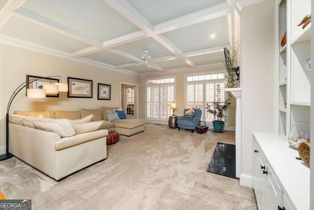 living area featuring ornamental molding, coffered ceiling, beam ceiling, and light colored carpet