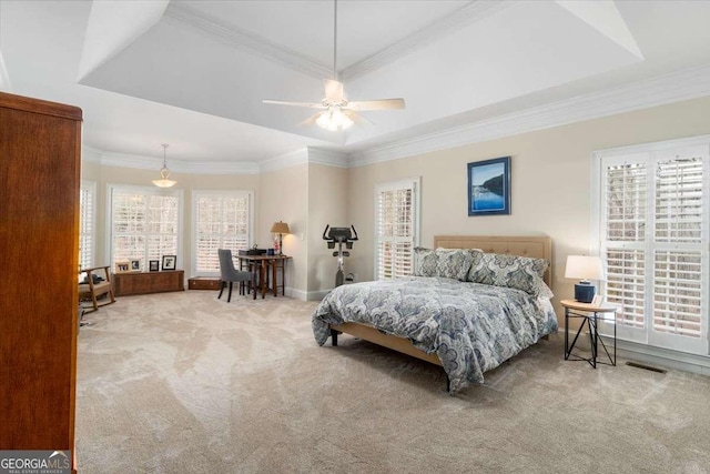 bedroom featuring crown molding, a raised ceiling, and carpet flooring