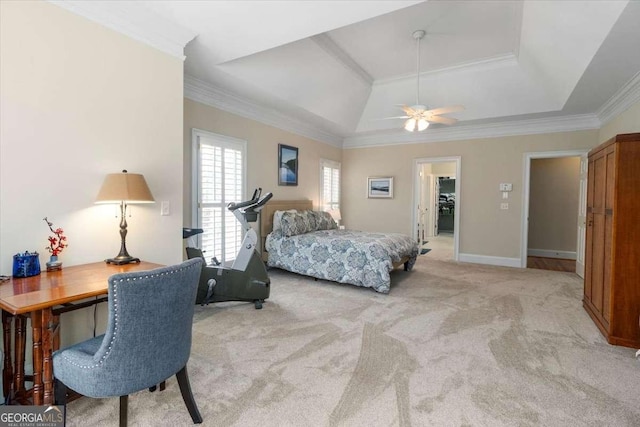 bedroom featuring light carpet, baseboards, and crown molding