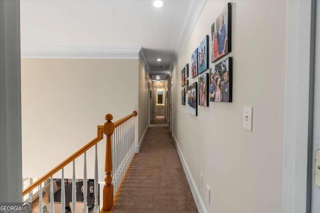 hall featuring ornamental molding, carpet, recessed lighting, and baseboards