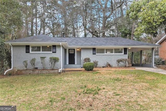 single story home with brick siding, concrete driveway, crawl space, a carport, and a front lawn