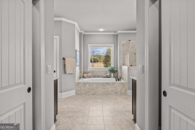 bathroom featuring walk in shower, tile patterned flooring, a bath, and crown molding