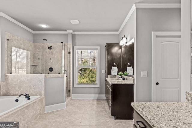 full bathroom with vanity, baseboards, a shower stall, a bath, and crown molding