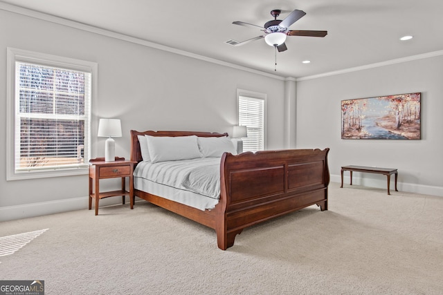 carpeted bedroom with baseboards, ceiling fan, recessed lighting, and crown molding