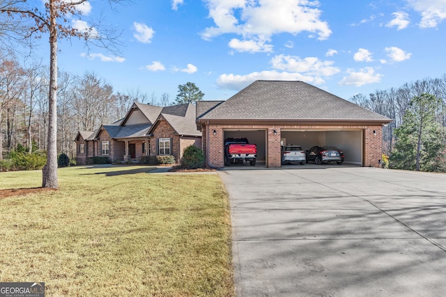 view of front of home with an attached garage, brick siding, a shingled roof, concrete driveway, and a front yard