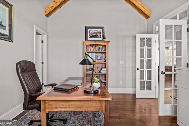 office space featuring dark wood-style floors, french doors, lofted ceiling with beams, and baseboards