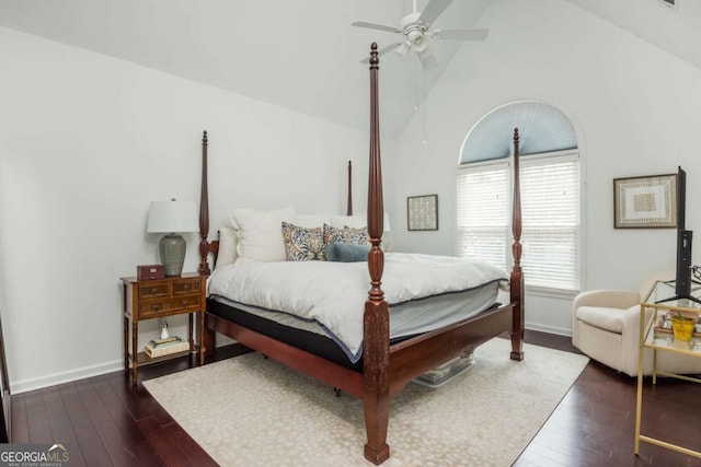 bedroom with baseboards, a ceiling fan, and hardwood / wood-style floors