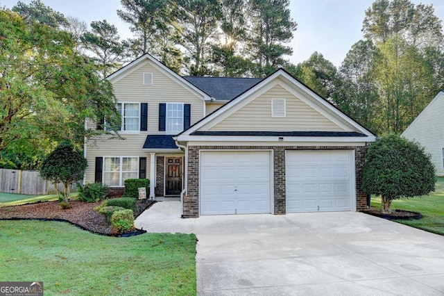 traditional home with a garage, concrete driveway, brick siding, and fence