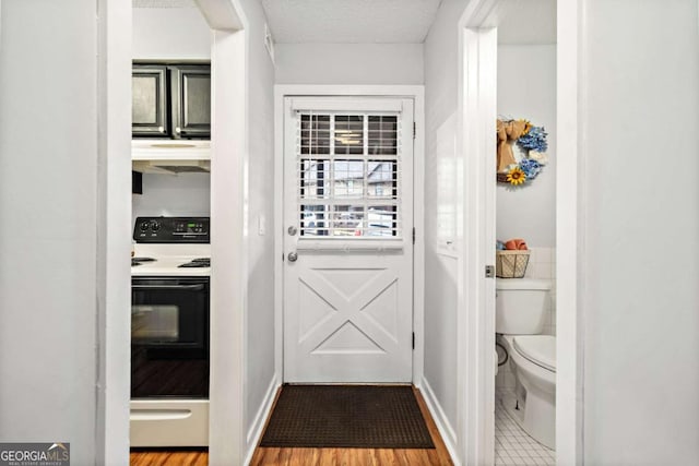 doorway featuring light wood-style flooring, a textured ceiling, and baseboards