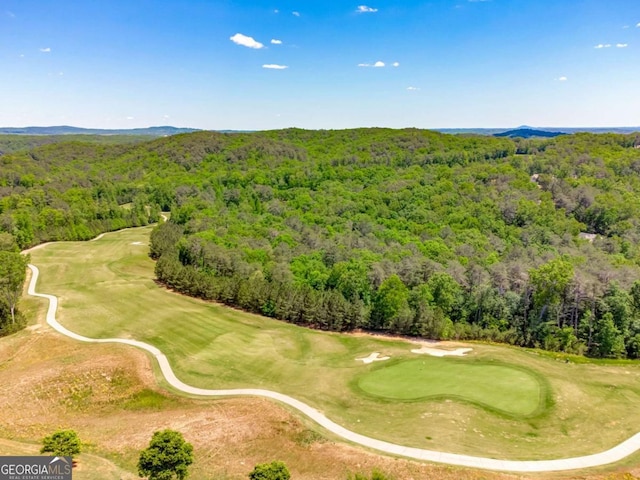 drone / aerial view with view of golf course, a mountain view, and a forest view