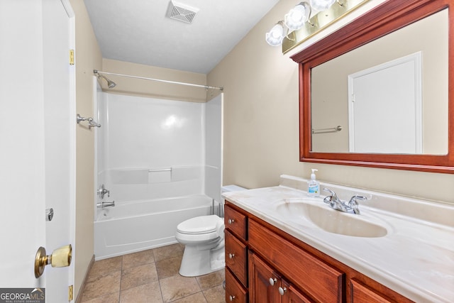 bathroom featuring visible vents, shower / bath combination, toilet, and vanity
