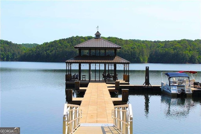 dock area with a forest view and a water view