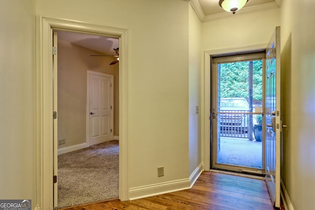 116 Smoky Mountain Ln Unit 103, Clayton, GA 30525 - foyer with ornamental molding, a ceiling fan, and wood finished floors