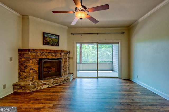 116 Smoky Mountain Ln Unit 103, Clayton, GA 30525 - unfurnished living room with ornamental molding, a stone fireplace, wood finished floors, and a ceiling fan