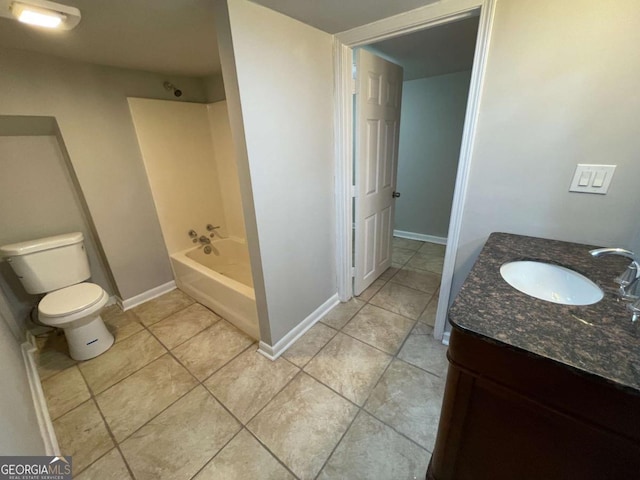 full bath featuring tile patterned floors, washtub / shower combination, baseboards, and vanity