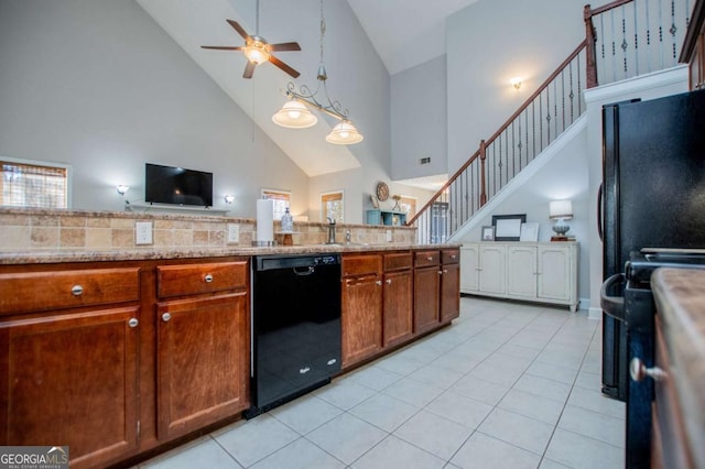 kitchen with ceiling fan, black appliances, high vaulted ceiling, a sink, and light tile patterned flooring