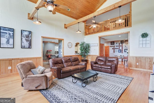 living area with wooden ceiling, wood walls, hardwood / wood-style floors, and wainscoting