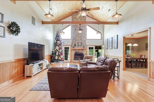 living room featuring wood ceiling, wainscoting, visible vents, and wood finished floors