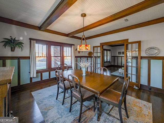 dining space with dark wood-style floors, french doors, a wainscoted wall, visible vents, and beamed ceiling