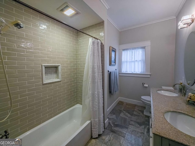 full bath featuring ornamental molding, a sink, visible vents, and shower / bathtub combination with curtain