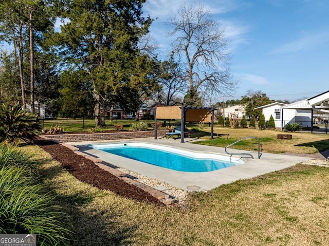 outdoor pool with a lawn, fence, and a pergola