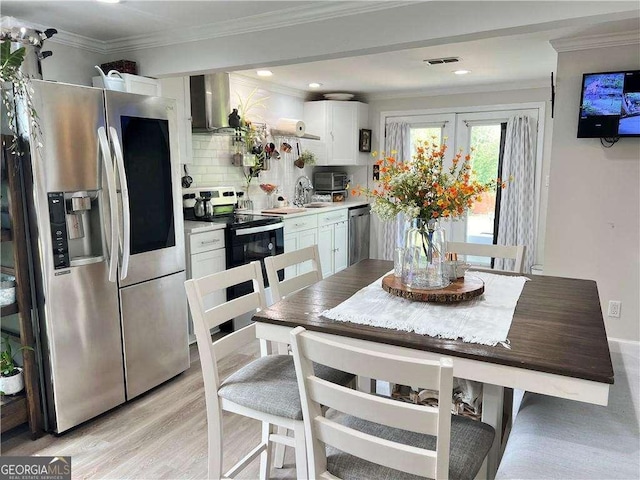 kitchen featuring crown molding, visible vents, appliances with stainless steel finishes, white cabinetry, and wall chimney exhaust hood