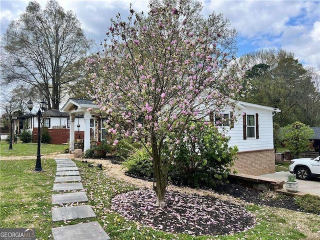 obstructed view of property with a front yard and brick siding