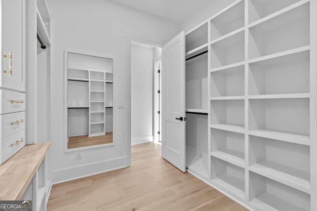 walk in closet with light wood-type flooring