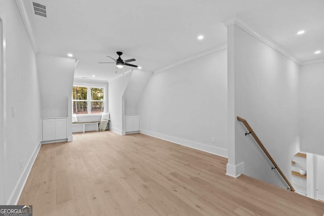 additional living space featuring light wood finished floors, baseboards, visible vents, ceiling fan, and recessed lighting