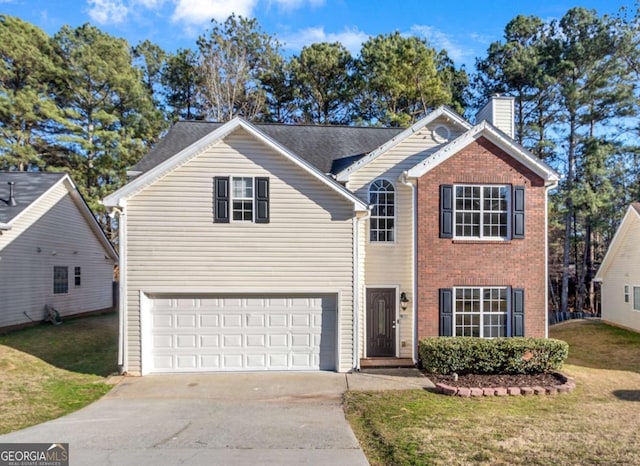 traditional home with driveway, an attached garage, a chimney, and a front lawn