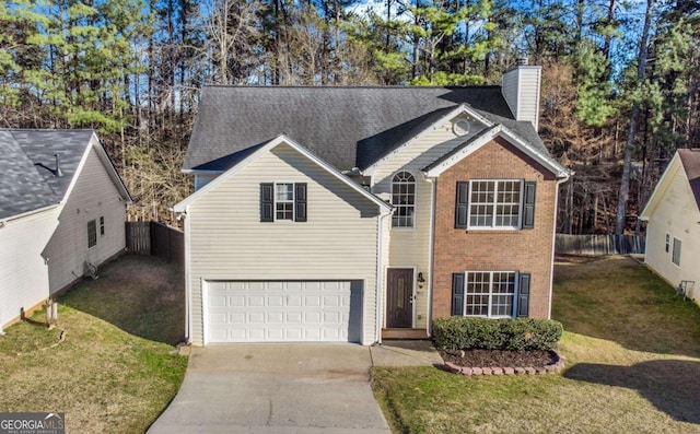 traditional-style home with a chimney, concrete driveway, fence, a garage, and a front lawn