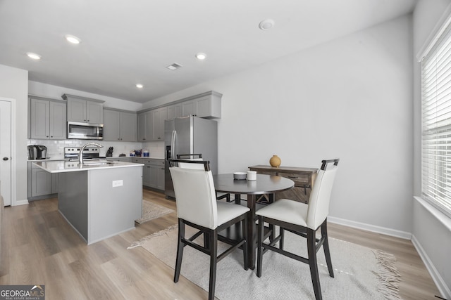 kitchen with appliances with stainless steel finishes, an island with sink, decorative backsplash, and gray cabinetry