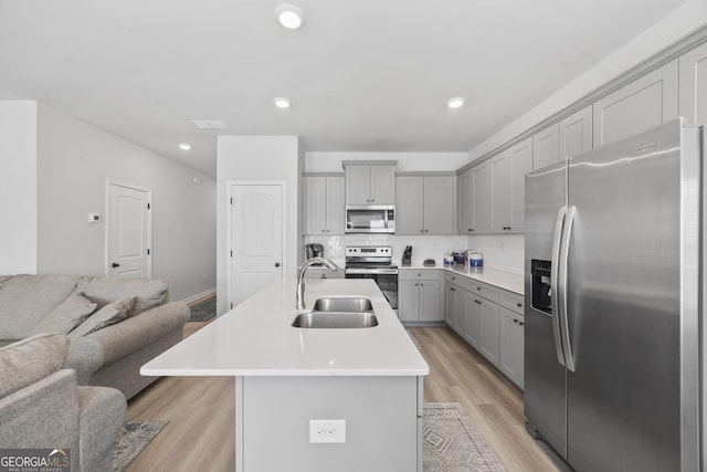 kitchen with a sink, open floor plan, appliances with stainless steel finishes, gray cabinets, and tasteful backsplash