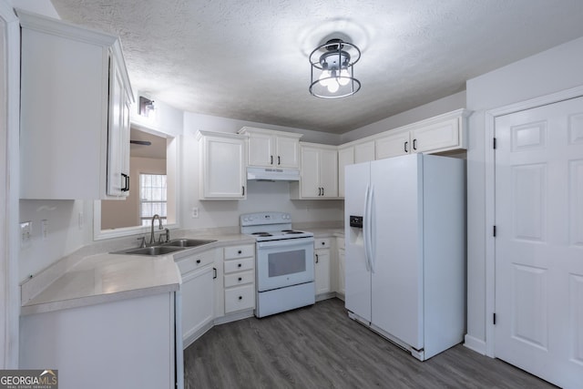 kitchen with white appliances, wood finished floors, under cabinet range hood, white cabinetry, and a sink