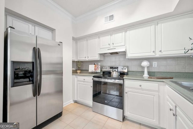 kitchen featuring under cabinet range hood, white cabinetry, visible vents, appliances with stainless steel finishes, and backsplash