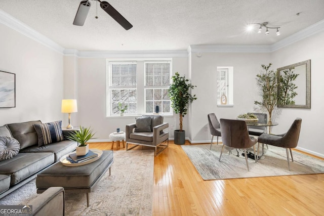 living room with ornamental molding, hardwood / wood-style floors, a textured ceiling, and baseboards