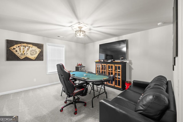 recreation room with carpet floors, baseboards, and visible vents