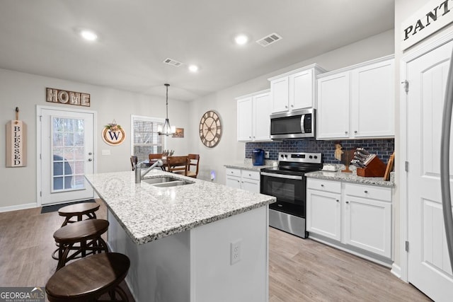 kitchen with light wood finished floors, visible vents, a breakfast bar, stainless steel appliances, and a sink