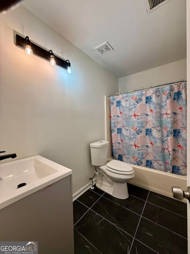 bathroom with toilet, shower / bath combo with shower curtain, vanity, and visible vents