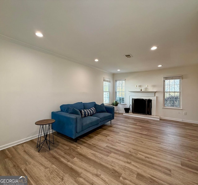 living room featuring a wealth of natural light, visible vents, and wood finished floors