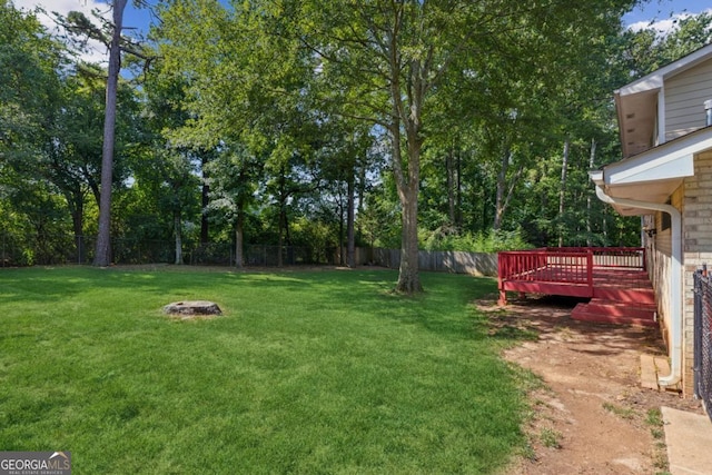 view of yard featuring a fenced backyard and a wooden deck