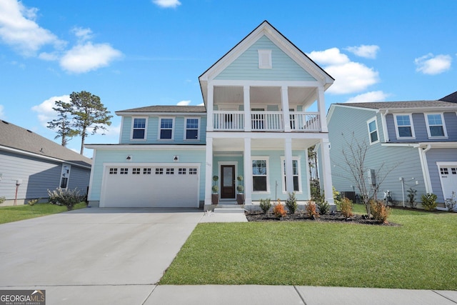 view of front facade featuring covered porch, an attached garage, a balcony, driveway, and a front lawn