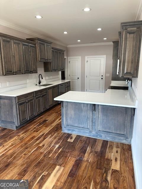 kitchen with light countertops, dark wood-style flooring, and a sink