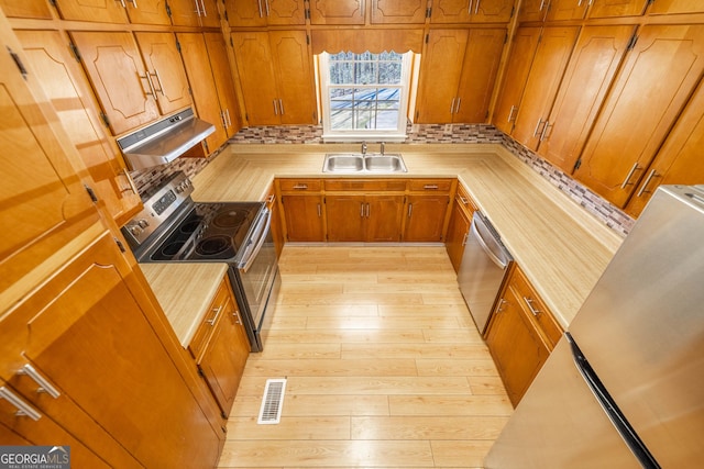 kitchen featuring under cabinet range hood, stainless steel appliances, a sink, visible vents, and decorative backsplash