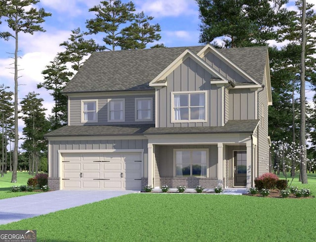 craftsman-style house with an attached garage, board and batten siding, brick siding, a front lawn, and driveway