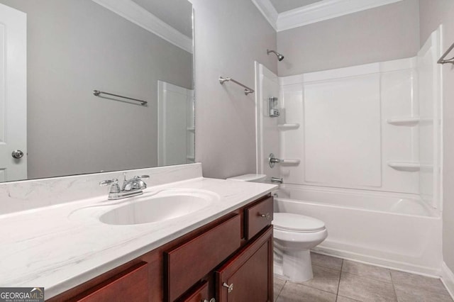 full bathroom featuring toilet, tile patterned floors,  shower combination, crown molding, and vanity